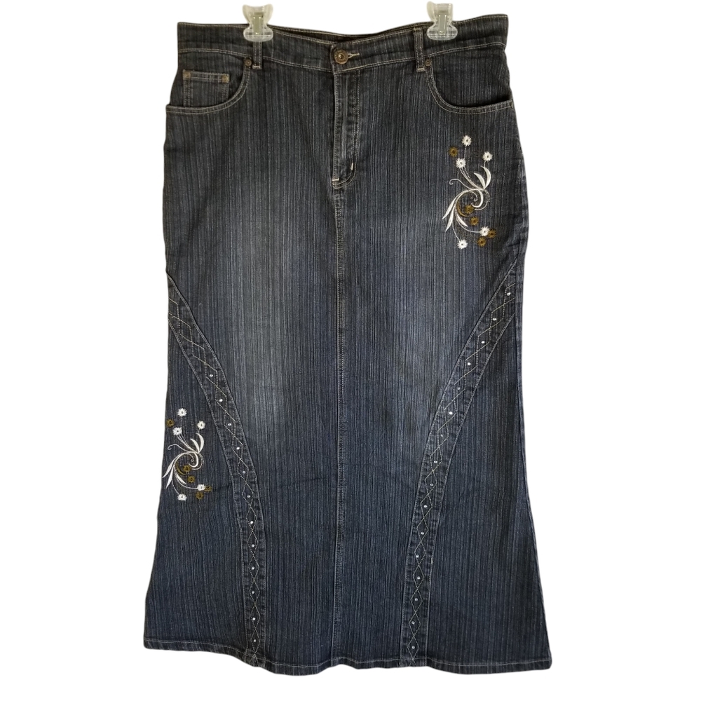 Cal Fashion Womens Denim‎ Skirt 36 Blue Flare Midi Flower Embroidered Beaded